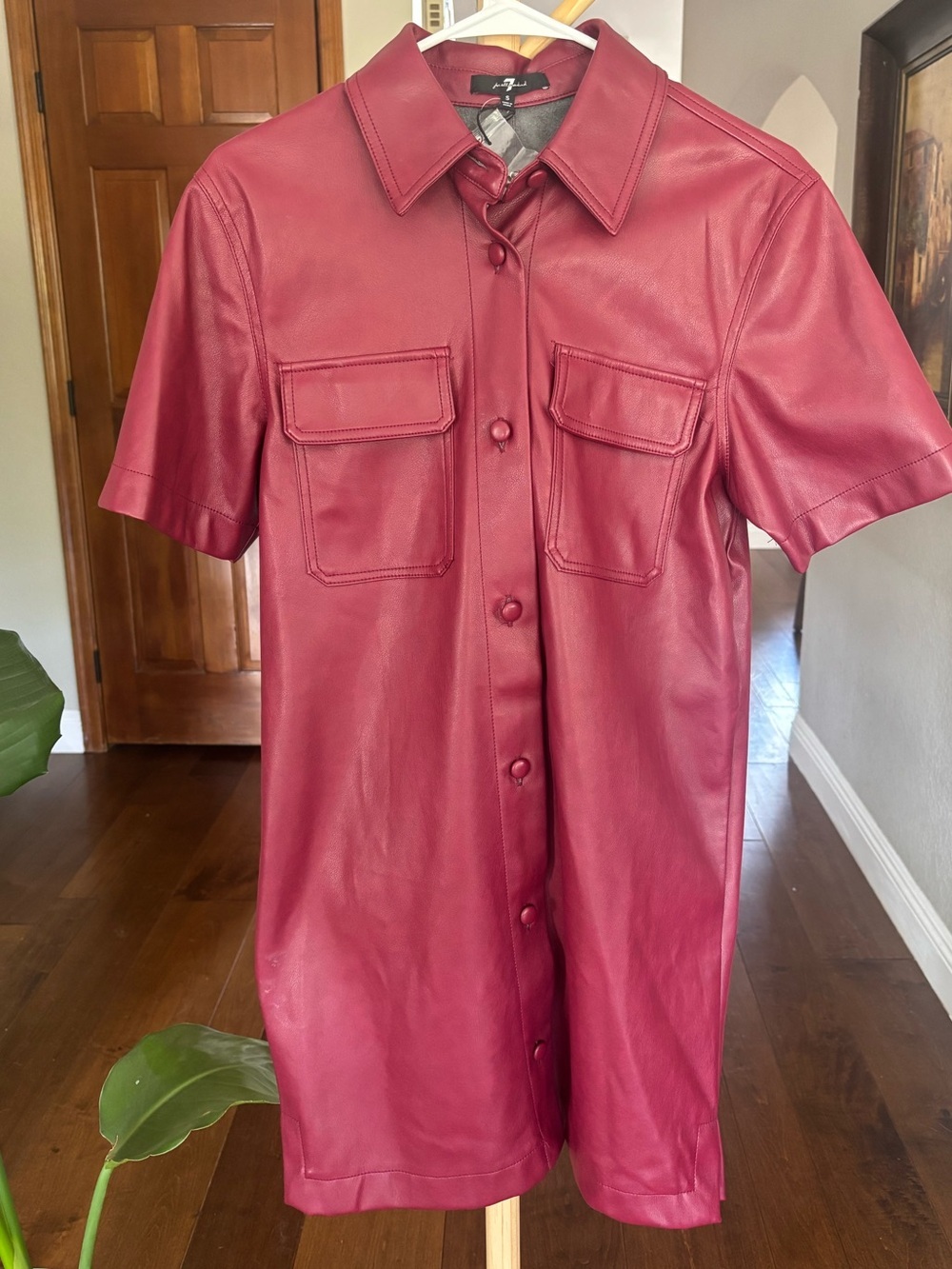 7 For All Mankind Burgundy Vegan Leather Shirtdress NWT Size Small
